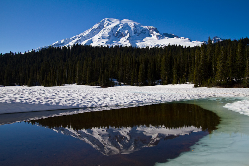 Mount Rainier Reflected In Thawing Reflection Lake